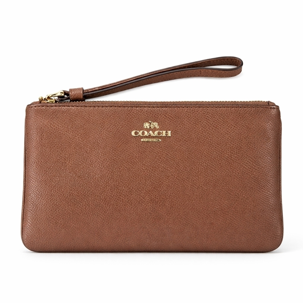 Coach Brown Saffiano Leather Wristlet Zip Pouch Gold Logo Strap.